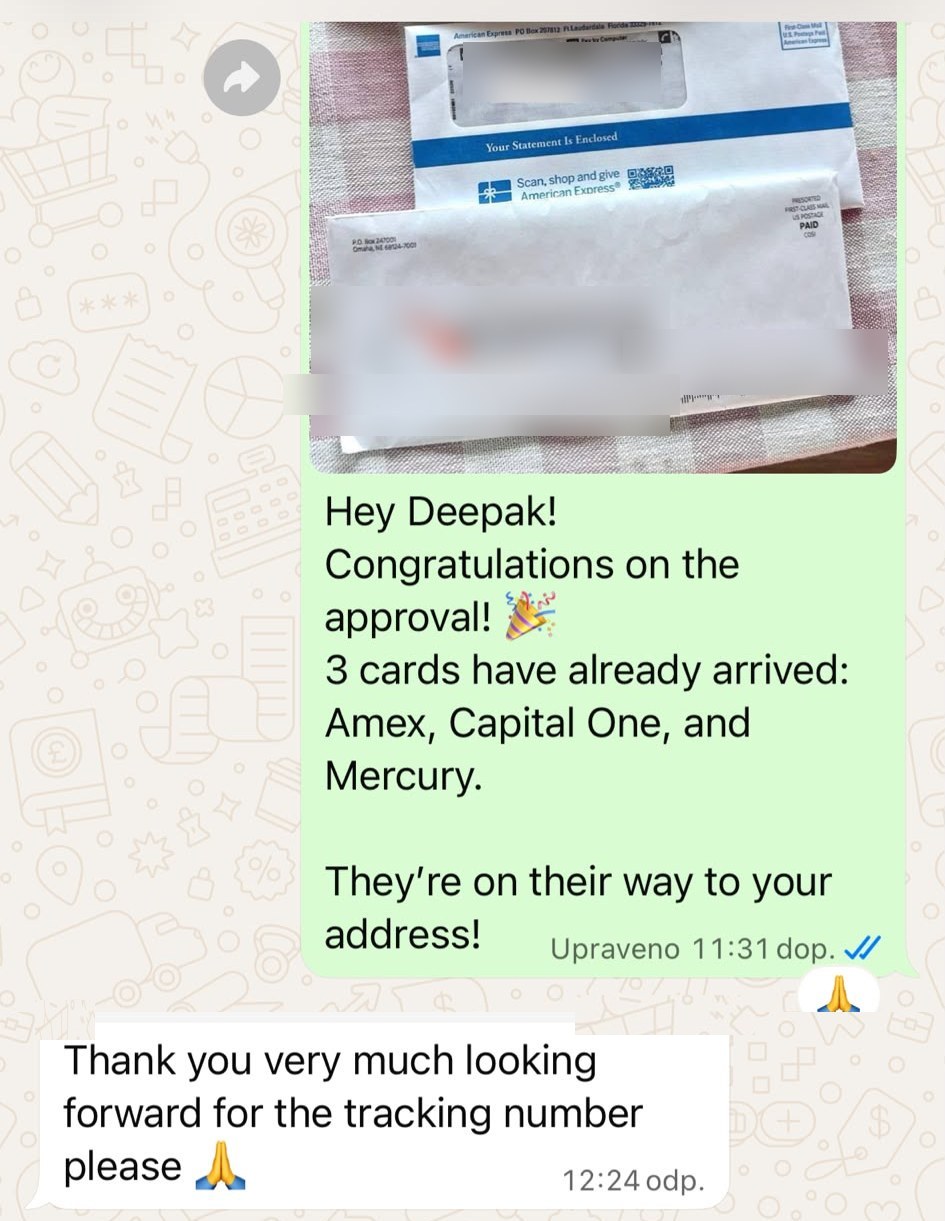 Approval screenshots from Deepak: Amex, Capital One and Mercury